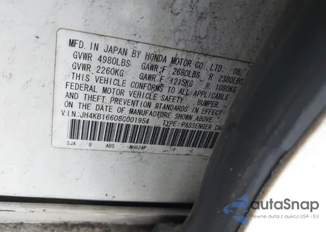 2008 Acura Rl 3.5 from USA, damaged, VIN JH4KB16608C001954